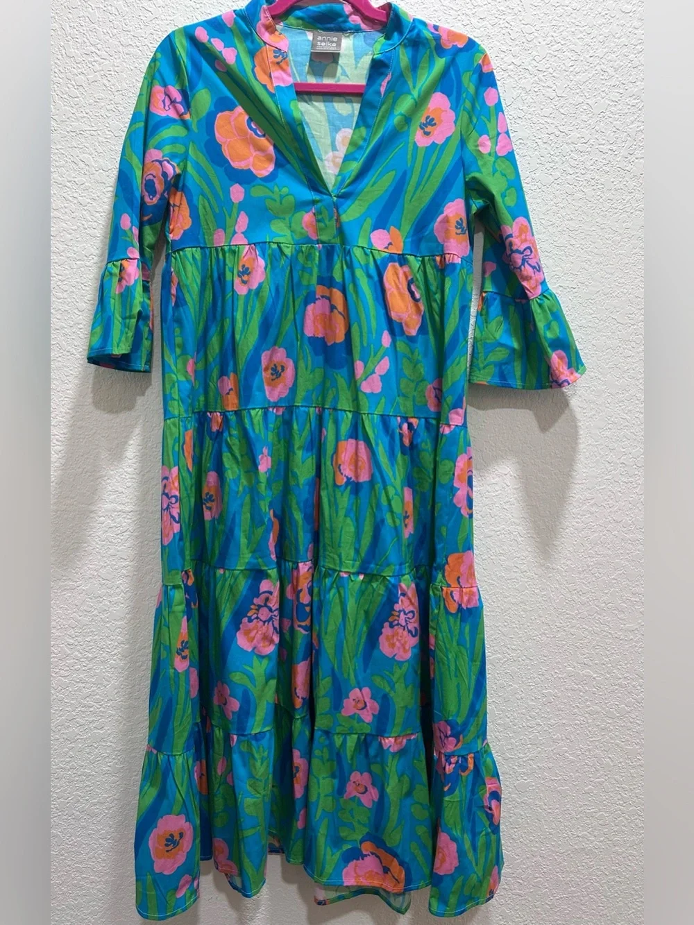 Annie Selkie Bright Floral Tiered Midi Dress - Blue & Pink size XS like new